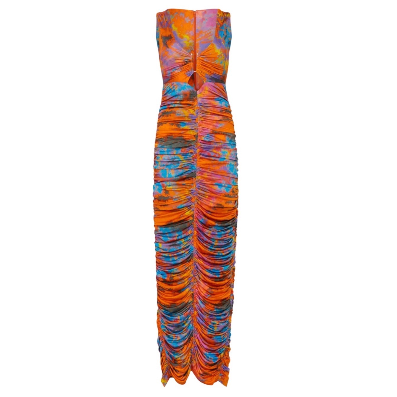 Ronny Kobo Alexander Maxi Dress Orange Blue Tie Dye Ruched Cutout Womens L